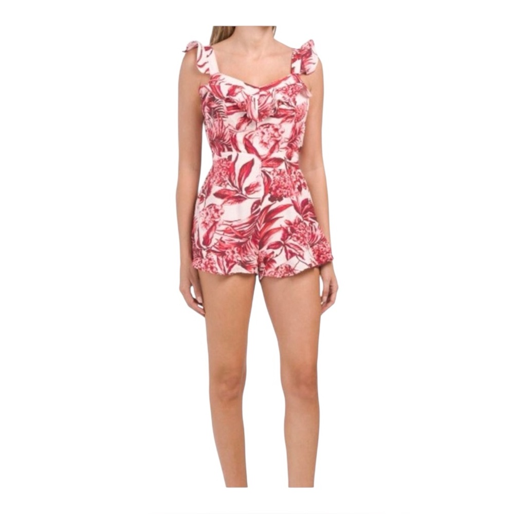 Japna Women’s Romper White/Red Linen Ruffle Floral Open Back Tie, Size Medium‎